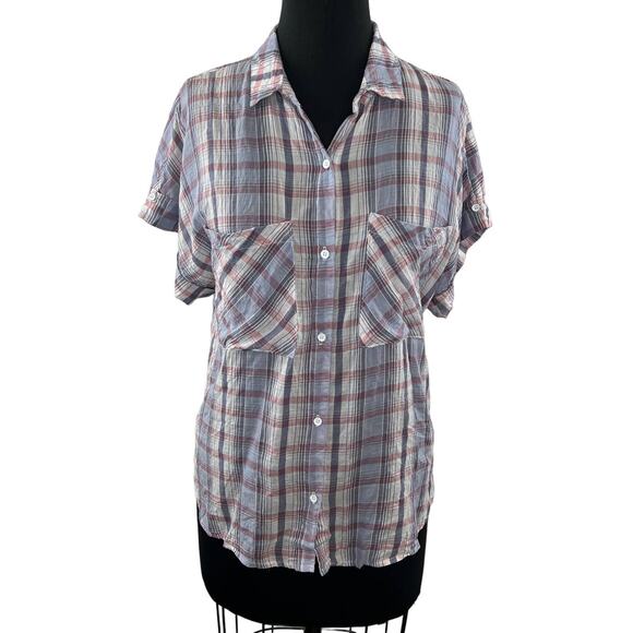 NWT ANTHROPOLOGIE Cloth & Stone Purple Plaid Short Sleeve Tie Button Up Shirt M - Picture 1 of 10